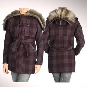 DIESEL Genuine Sheep Fur Wool Convertible Hood Plaid Parka Coat Jacket Maroon S